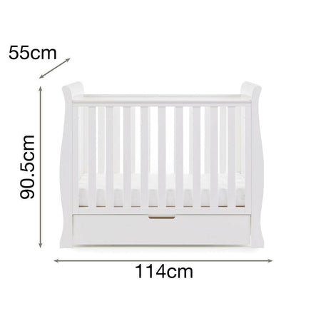 Obaby Stamford Space Saver Cot (White) - side view, shown here with dimensions (mattress not included)