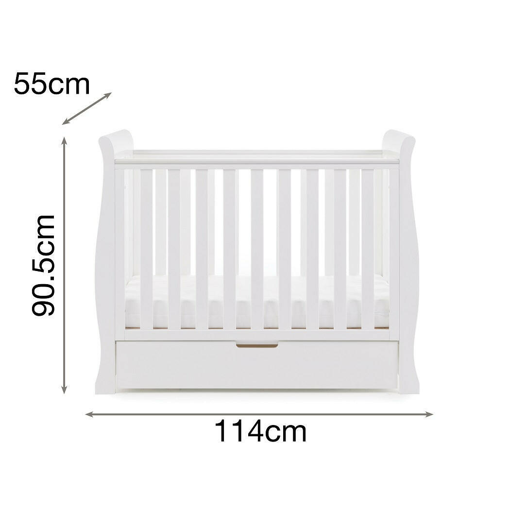 Obaby Stamford Space Saver Cot (White) - side view, shown here with dimensions