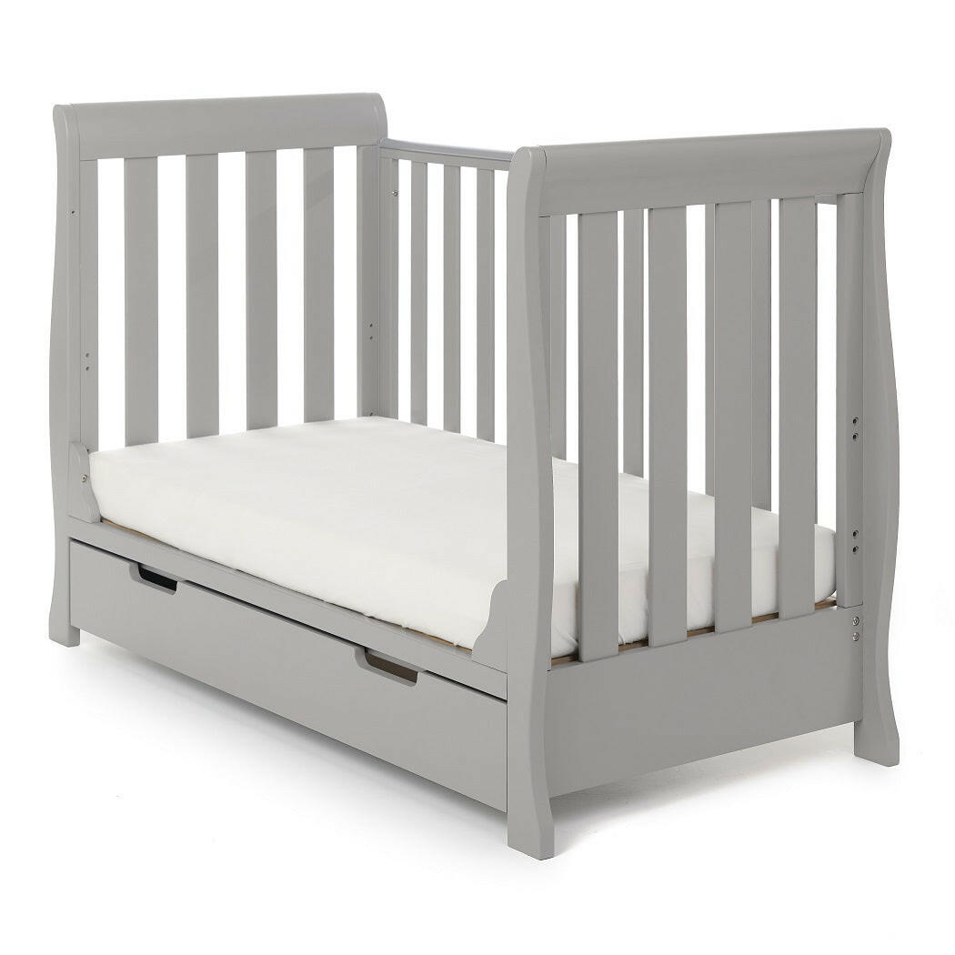 Obaby Stamford Mini Sleigh Cot Bed with SPRUNG Mattress (Warm Grey) - shown here with one side panel removed, can be used as a day or sofa bed