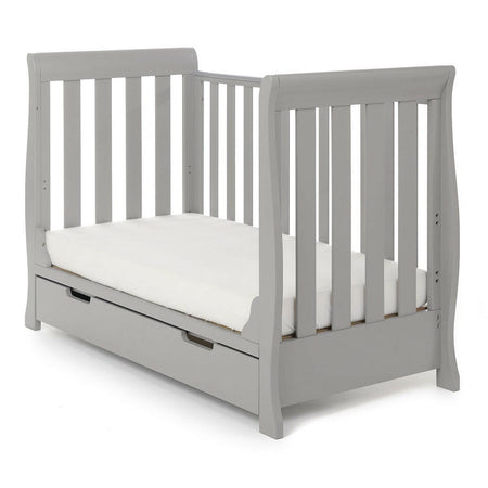 Obaby Stamford Mini Sleigh Cot Bed with SPRUNG Mattress (Warm Grey) - shown here with one side panel removed, can be used as a day or sofa bed