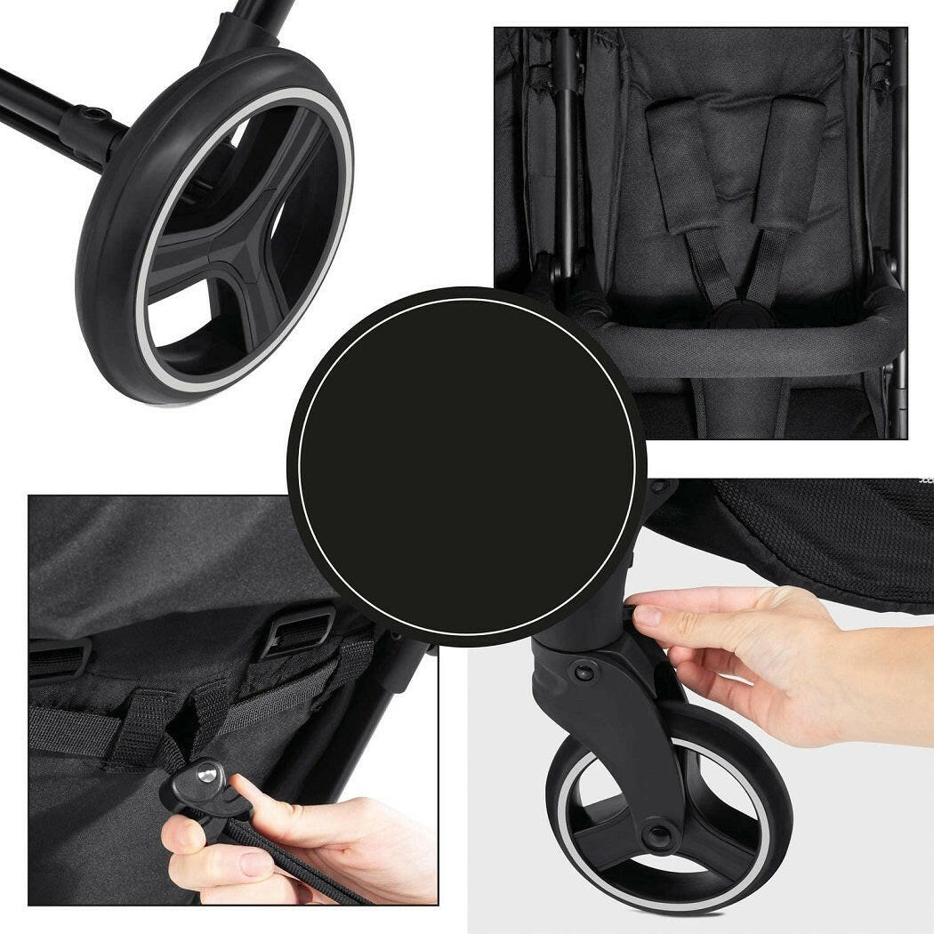 Hauck Swift X Duo Double Pushchair (Black) - showing some of the stroller`s features which include puncture-proof tyres and lockable swivelling front wheels