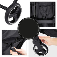 Hauck Swift X Duo Double Pushchair (Black) - showing some of the stroller`s features which include puncture-proof tyres and lockable swivelling front wheels
