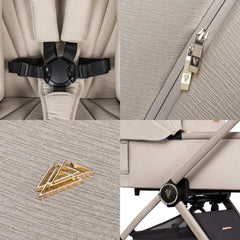 Venicci Upline Pushchair Pram Set 2-in-1 (Stone Beige) - showing the magnetic safety harness and the Upline`s stylish gold accents
