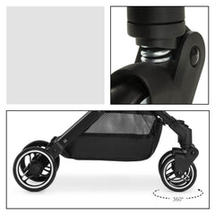 Hauck Travel N Care Stroller (Black) - showing the stroller`s suspension and swivelling front wheels