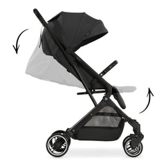 Hauck Travel N Care Stroller (Black) - side view, showing the stroller`s adjustable back and leg rest and extendable canopy
