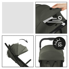 Hauck Travel N Care Stroller (Dark Olive) - showing the stroller`s expandable canopy with its ventilation panel and UV50+ protection