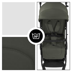 Hauck Travel N Care Stroller (Dark Olive) - front view, showing the stroller`s seat and safety harness