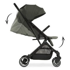 Hauck Travel N Care Stroller (Dark Olive) - side view, showing the stroller`s adjustable back and leg rest and extendable canopy