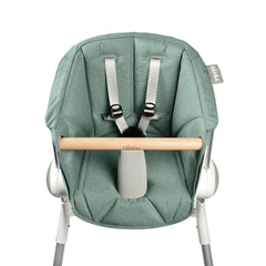 BEABA Up & Down Evolutive Highchair Bundle (White/Sage) - showing the infant/toddler seat cushion fitted to the highchair using the attached straps