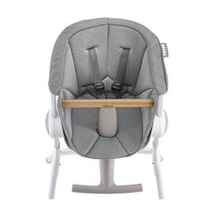 BEABA Up & Down Evolutive Highchair Bundle (White/Grey) - showing the infant/toddler seat cushion fitted to the highchair using the attached straps