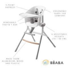 BEABA Up & Down Evolutive Highchair (White) - showing some of the highchair`s features