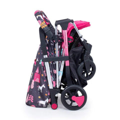 Cosatto Woosh Double Stroller (Unicorn Land) - side view, showing the chassis folded and free-standing